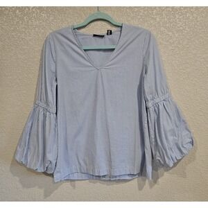 Halogen Blue & White Striped Balloon Sleeve Blouse 100% Cotton Sz Small